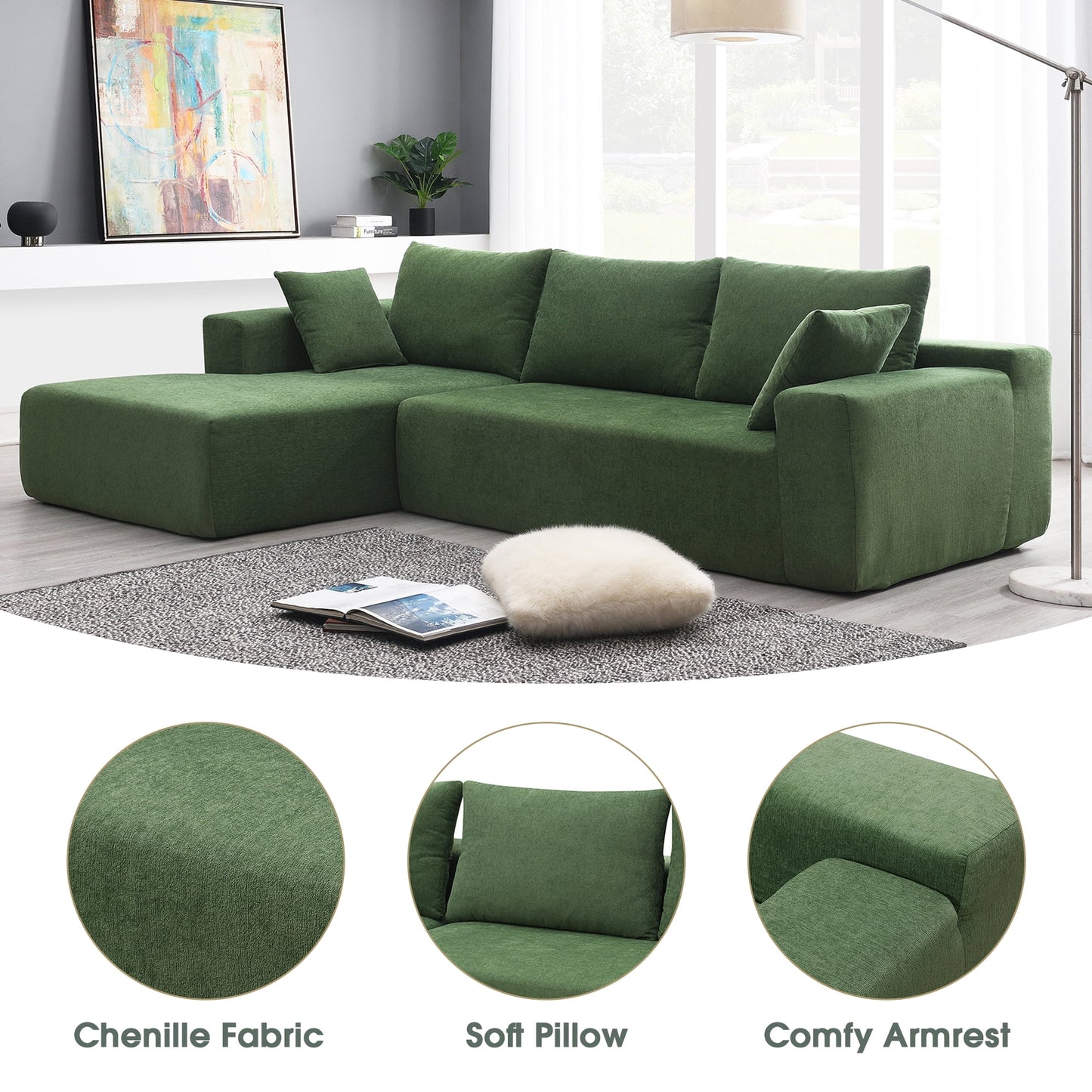 109" Modular Sectional Sofa, L Shaped Modern Couch Upholstered Sleeper Sofa Minimalist Style Couch Living Room Sofa Set for Living Room, Green