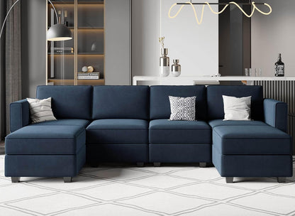 Modular Sectional Sofa U Shaped Velvet Couch with Reversible Chaise Oversized Couch with Ottoman Blue…