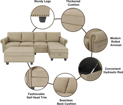 Convertible Sectional Sofa, L Shaped Couch with Storage Ottoman, Reversible Sectional Sofa Couch for Living Room, Dark Khaki