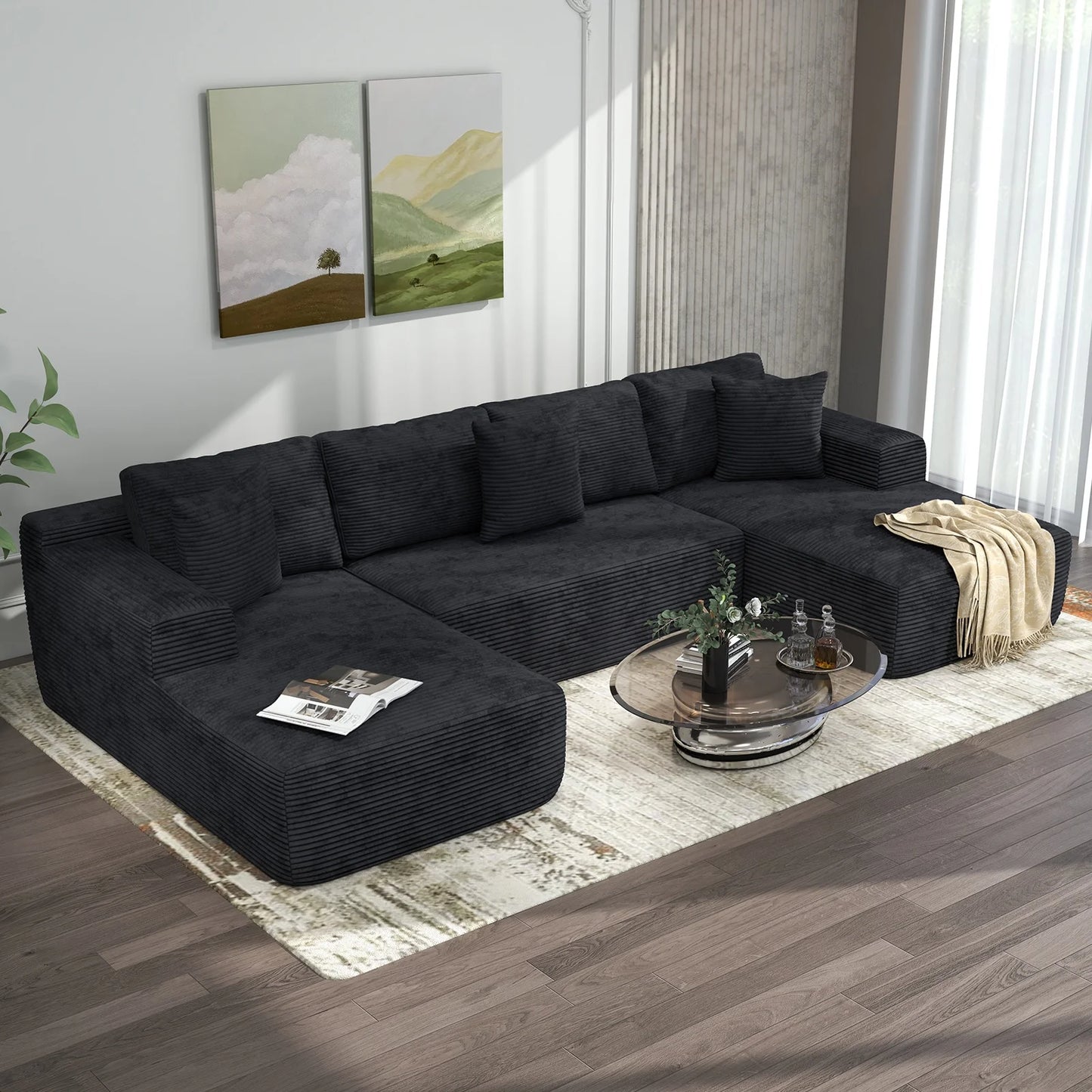 Indoor Modular Sectional Sofa, 132'' Corduroy Cloud Couch with Double Chaise, U Shaped Sofas with Deep Seat, Comfy Fluffy Plush Couches, No Assembly Required, Black