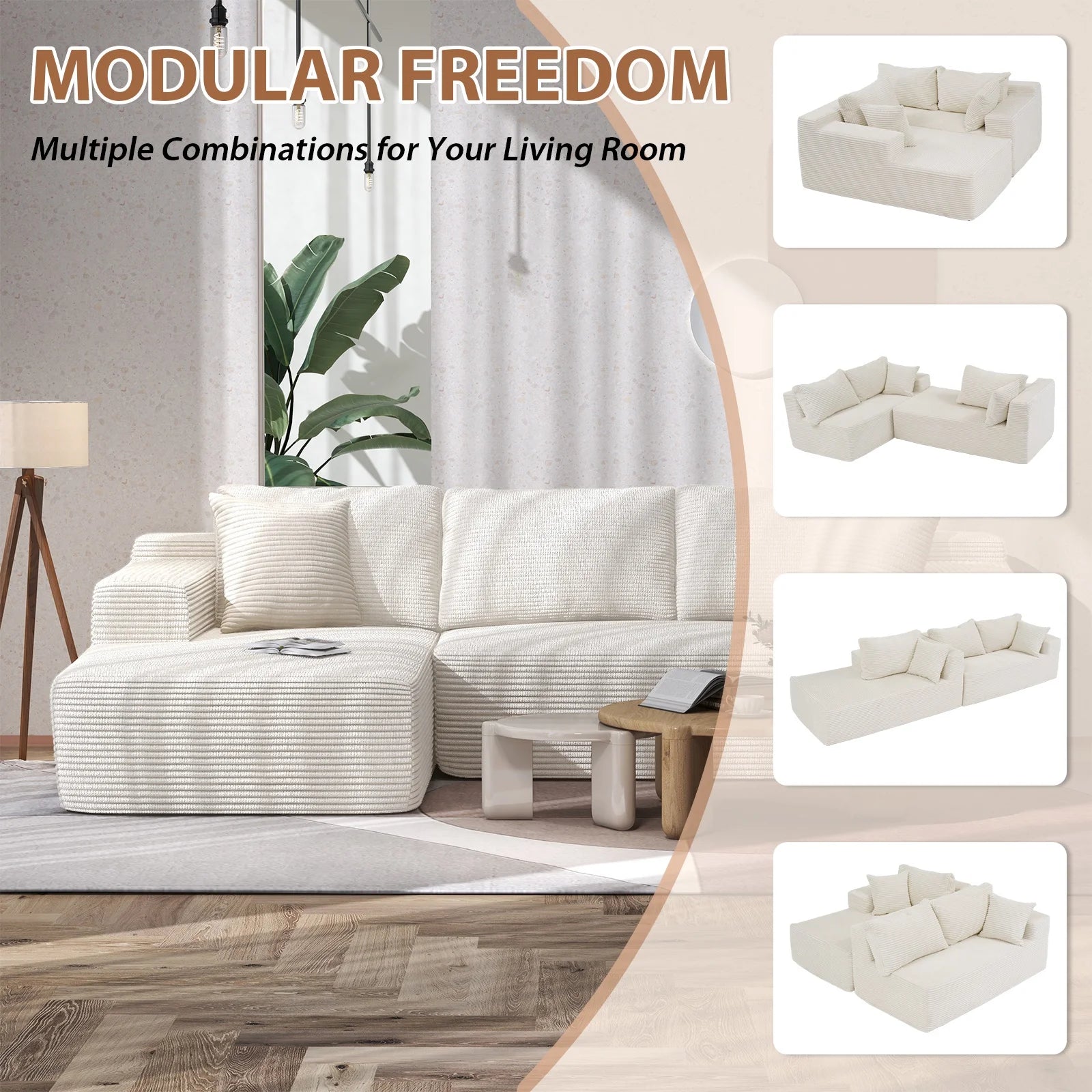 Indoor Modular Sectional Sofa, 106" Corduroy Cloud Couch L Shaped Sofas with Deep Seat, Comfy Fluffy Plush Couches, No Assembly Required, Left Chaise, White