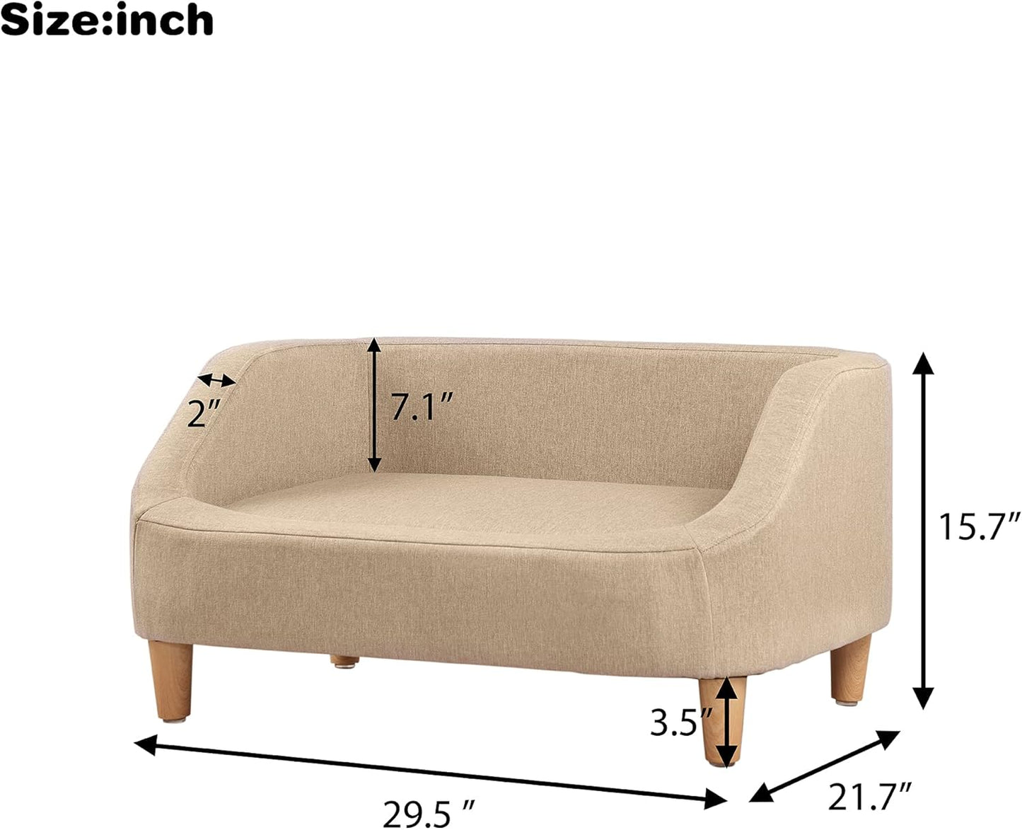 Pet Sofa with Movable Cushion, Rectangle Sofa with Wood Foot, Dog Sofa Dog Bed, Cat Sofa Cat Bed, Wooden Structure and Linen Pet Sofa Bed, Three Size (Small, Beige)