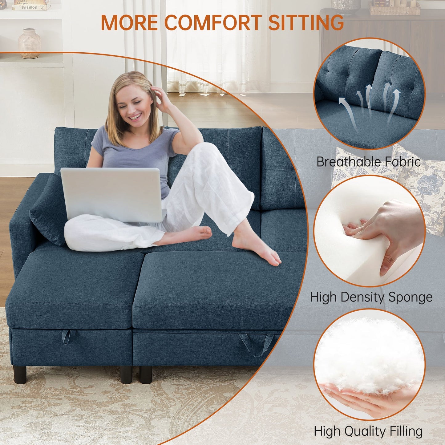 101" Sectional Sofa with 3 Storage Ottoman,4 Seat U Shaped Couch with Side Pockets, Modern Linen Sofa Bed with Coffee Table Ottoman for Living Room Apartment Office Studio,Tool Free Assemble