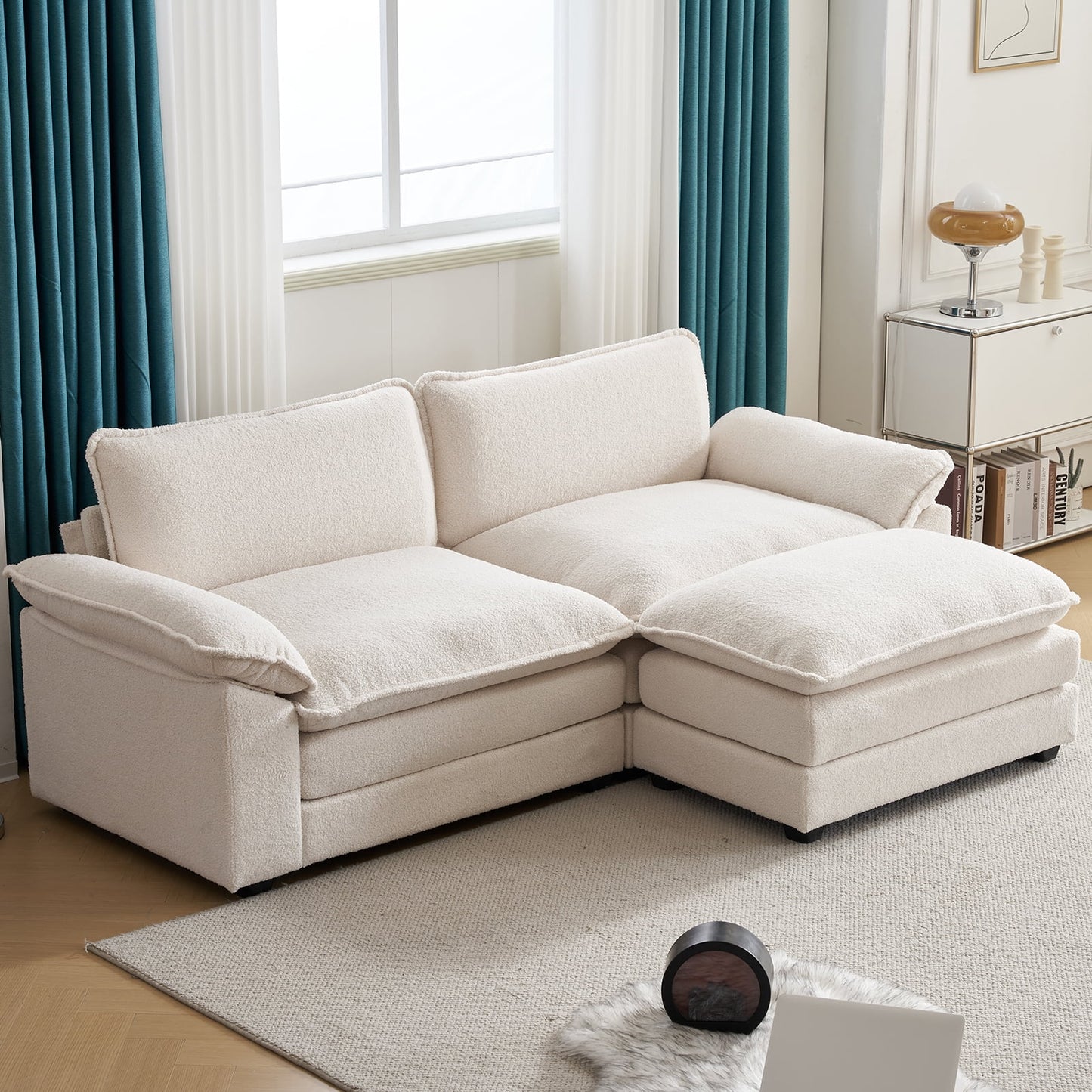 86" W Sectional Sofa Modern Convertible Couch with Double Cushions L Shaped Sofa with Reversible Chaise, Teddy Velvet Sofa Set with 2 Wider Seater Teddy White